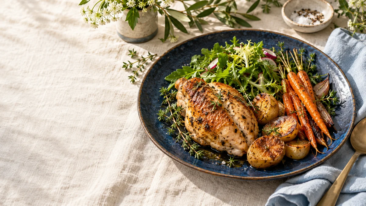 Illustrative chef-prepared chicken with colorful vegetables on a navy plate